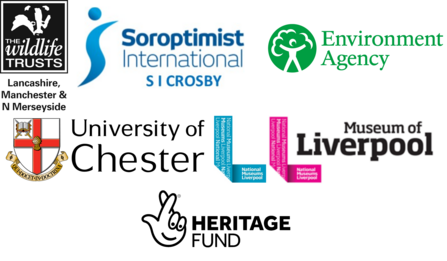 Mesolithic and modern life logos all together - LWT, Crosby Soroptimists, Uni of Chester, Museum of Liverpool, Environment Agency and National Lottery Heritage Fund