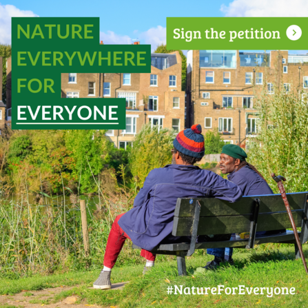 Two men sitting on a bench in front of trees and a cityscape. The words 'Nature everywhere, for everyone' are overlaid