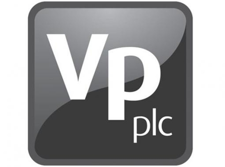 VP logo, white lettering on a grey box background