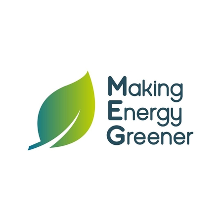 Make Energy Greener Logo , green leaf and navy blue text 