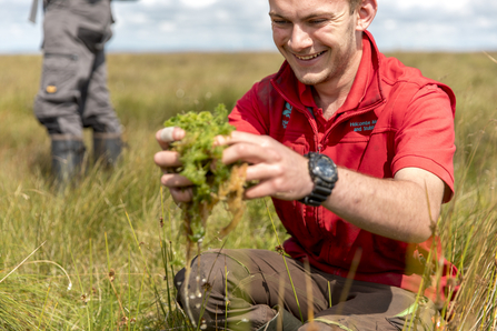 A person in a red tshirt holding dripping green sphagnum moss