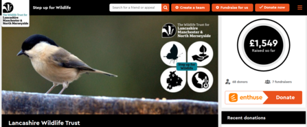 A screenshot of Lancashire Wildlife Trust's Enthuse page where people can raise funds for the Trust's Step up for Wildlife appeal.