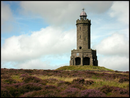 A tower on a heather covered moor