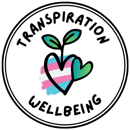 Logo for Transpiration Wellbeing - a heart and a leaf over the top of the blue, pink and white trans flag colours