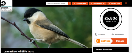 A screenshot of Lancashire Wildlife Trust's Enthuse fundraising page