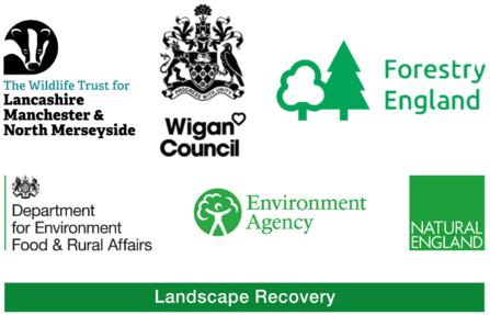 Lancashire Wildlife Trust, Wigan Council, Forestry England and Landscape Recovery Scheme logos