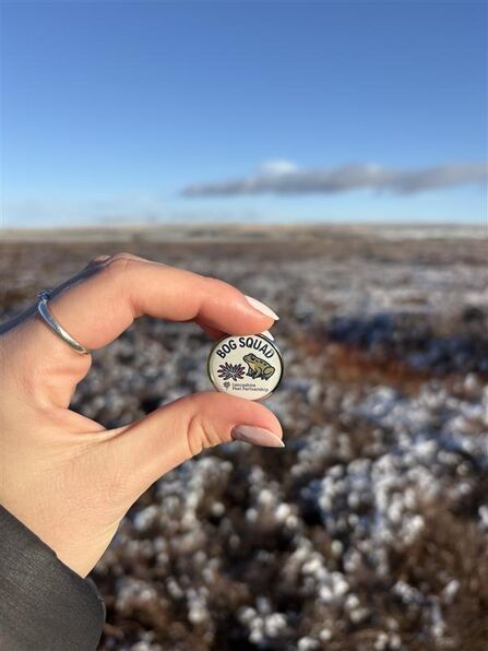 A sunny moorland with a hand holding a bog squad badge