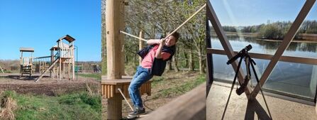 Three images, left image showing playground at Brockholes, middle image showing child playing on playground and image on right showing scope in Kestrel Kitchen window.