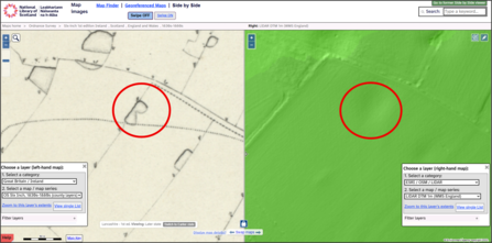 Old maps can be used to identify ghost ponds. This image shows a side by side of OS map and LiDAR data from the National Library of Scotland.. 