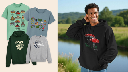 A selection of Lancashire Wildlife Trust's Teemill t-shirts and hoodies on the left, and a man by a river modelling a fungi-themed hoodie on the right