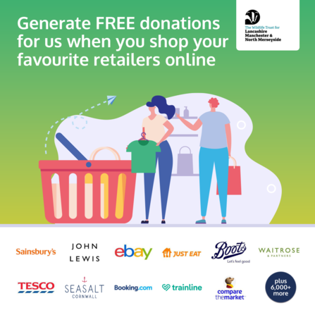 An illustration of two people shopping with the caption 'Generate free donations for us when you shop your favourite retailers online'