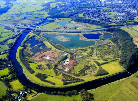 An aerial view of Brockholes Nature Reserve on a sunny day