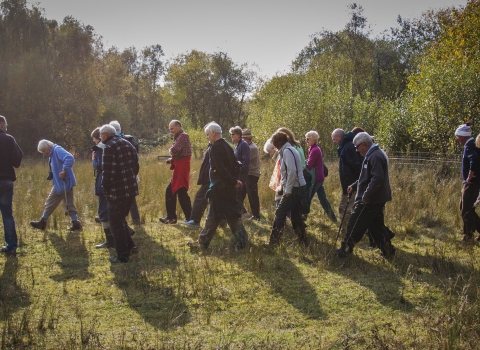 A local group walking at Mere Sands Wood in autumn sunlight