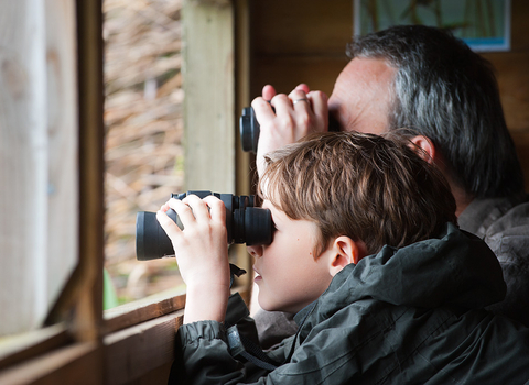 A man and a young boy looking out of a window with binoculars