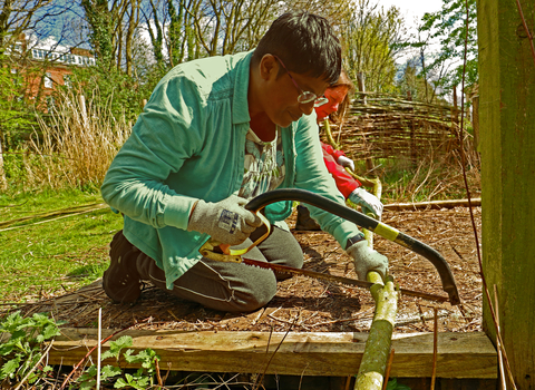A woman sawing wood