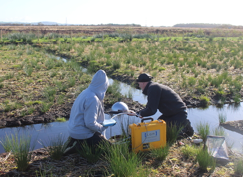 Two people taking greenhouse gas measurements at the Winmarleigh carbon farm